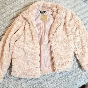 Blu Pepper blush pink fuzzy bomber jacket